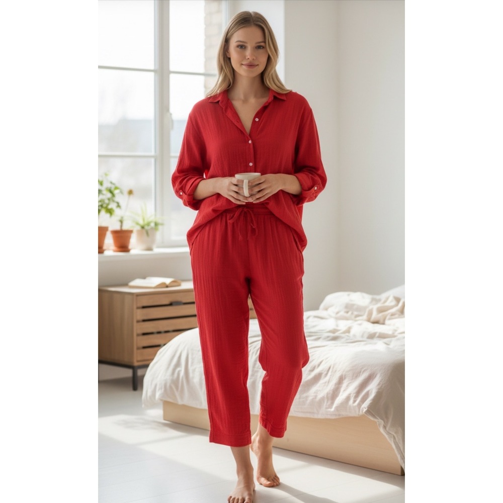 Tomato Girl J.Crew Cotton Gauze Pajama Set 3X Red Coastal‎ Boho Button Down Pant
